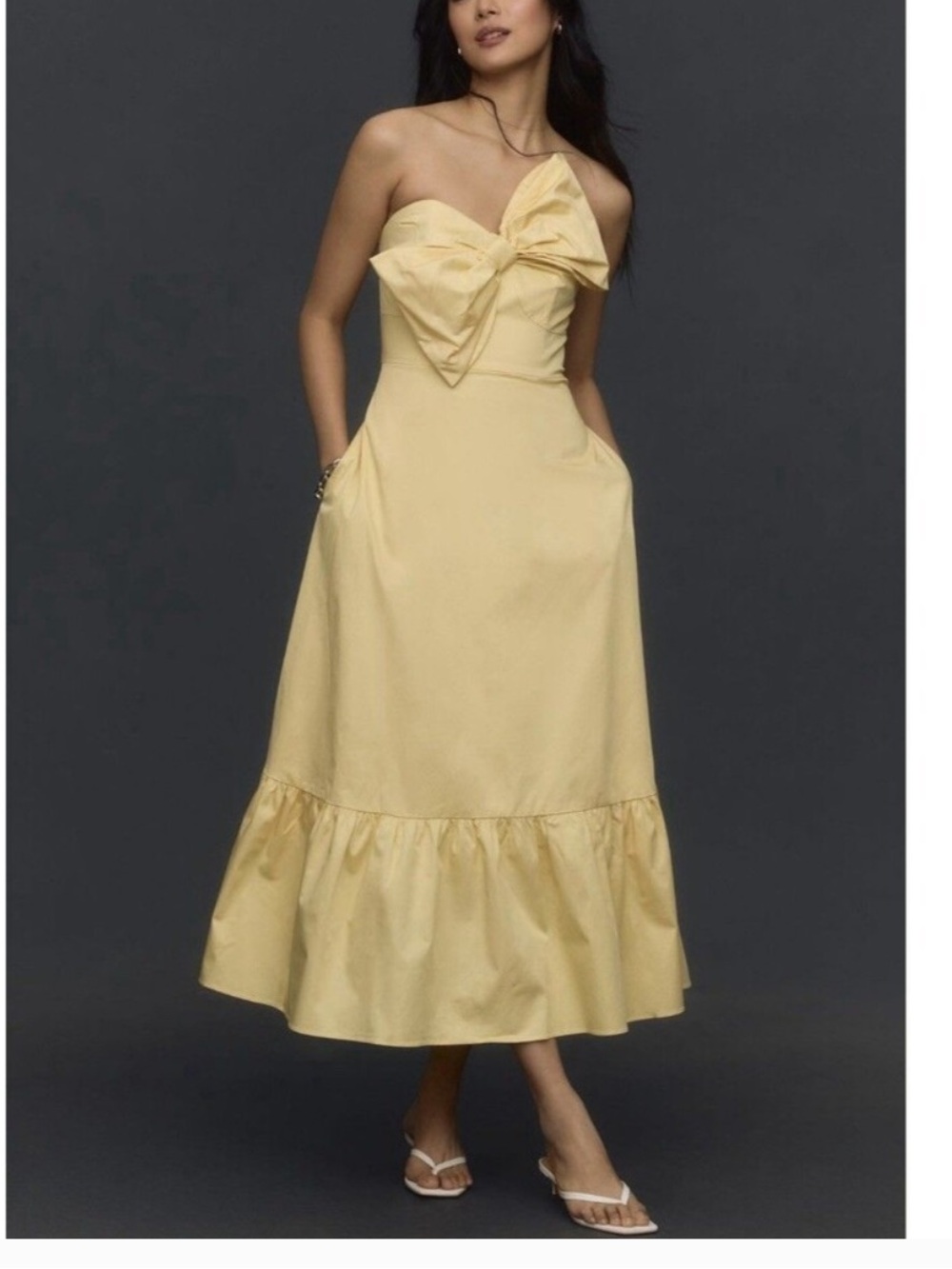 Hutch Strapless Pale Yellow Bow-Front Midi Dress